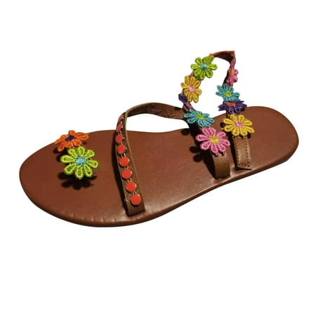 

FNFYFH Sandals for Women Dressy Summer Boho Flower Lace Pearl Flat Sandals Open Toe Embroidered Flowers Casual Beach Sandals Comfy Roman Shoes with Ankle Strap Sandal for Beach Vacation