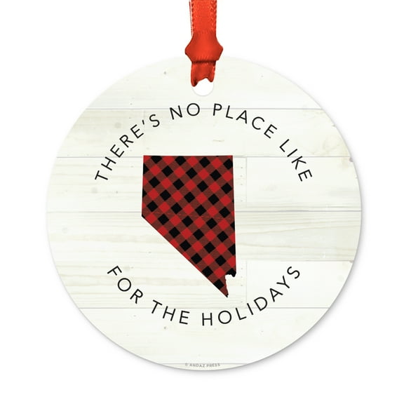 US State Round Metal Christmas Ornament, Red Plaid on Light Rustic Wood, Nevada, Includes Ribbon and Gift Bag