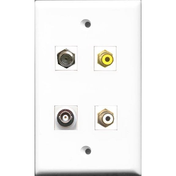 RiteAV 1 Port RCA White and 1 Port RCA Yellow and 1 Port Coax Cable TV- F-Type and 1 Port BNC Wall Plate