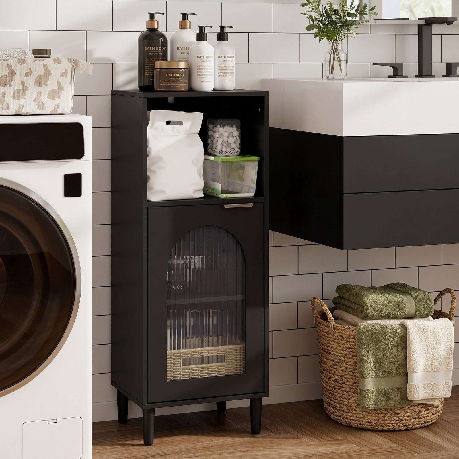 Fenbeli Bathroom Floor Cabinet, Freestanding Wood Side Storage Organizer Cabinet with Adjustable Shelf, Tempered Glass Door and Anti-Tipping Kit for Bathroom, Black