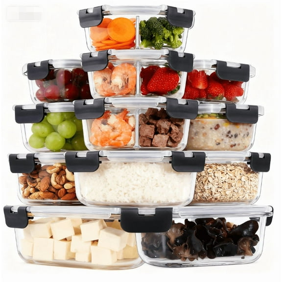 12pcs Set Glass Food Storage Containers with Lids, Airtight Lunch Containers, Exclusive of BPA & Leak Proof, for Microwave, Kitchen Storage, Freezer, Black