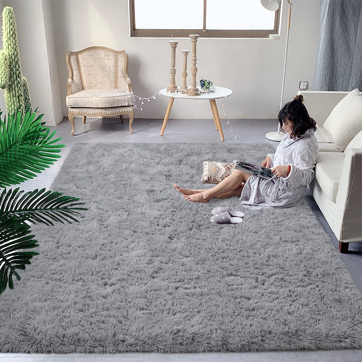 Noahas Fluffy Shaggy Rugs, 4x6 Feet Grey Plush Rugs for Girls Bedroom, Soft Kids Room Carpets, Bedside Rug, Upgrade Non-Slip Rugs for Children Nursery Dorm Home Decor, Grey