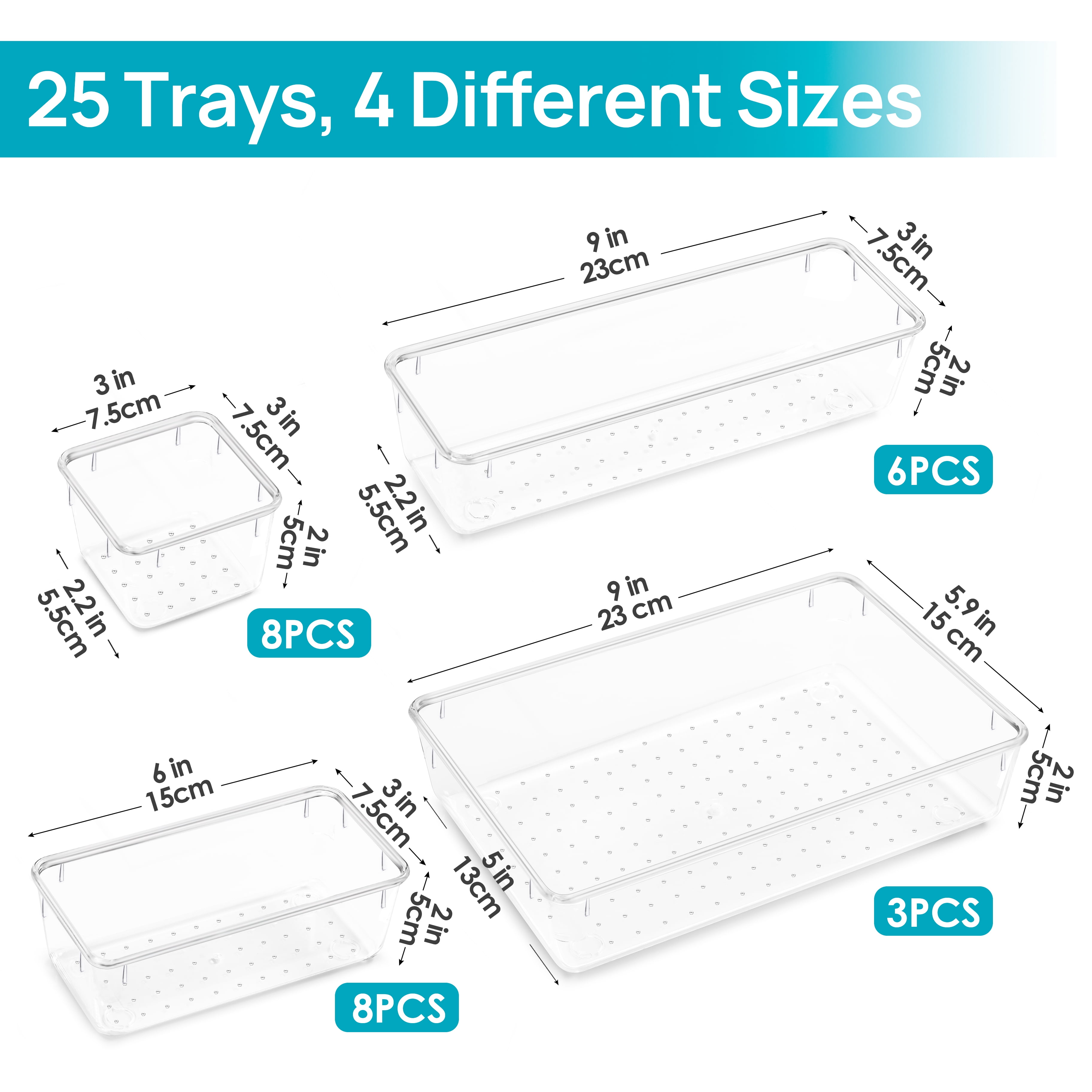 RUBOXA ruboxa clear drawer organizer, [25 pcs] clear plastic drawer  organizers for home organization and storage, including 4 sizes