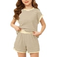 thumbnail image 2 of GiLiling Girls 2 Piece Lounge Set Striped Knit Short Sleeve T-Shirt and Elastic Waist Shorts Casual Summer (Khaki, 11-12 Years), 2 of 4