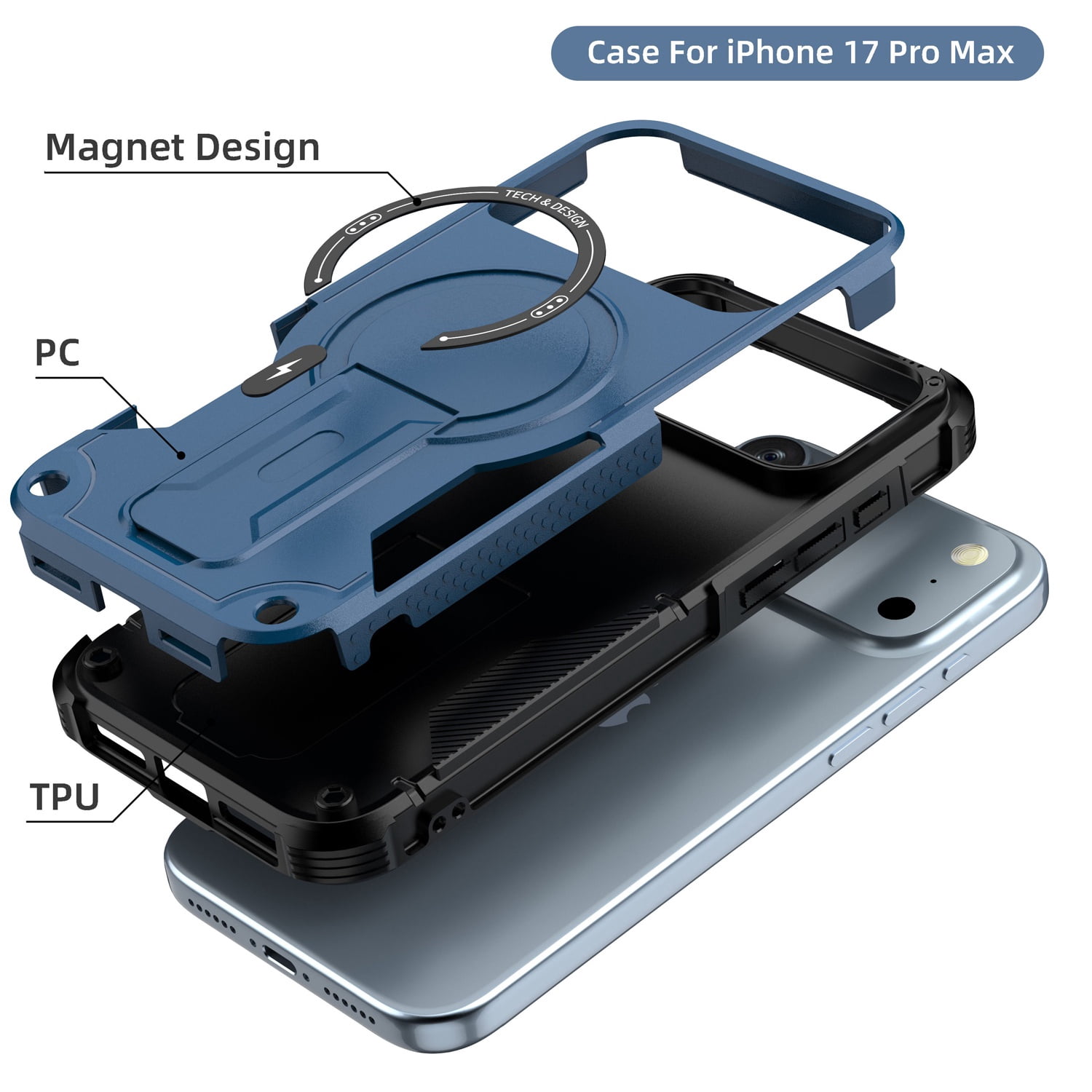 Heavy-Duty Magnetic Stand Case for iPhone 17 Pro Max with Shock Protection - Blue