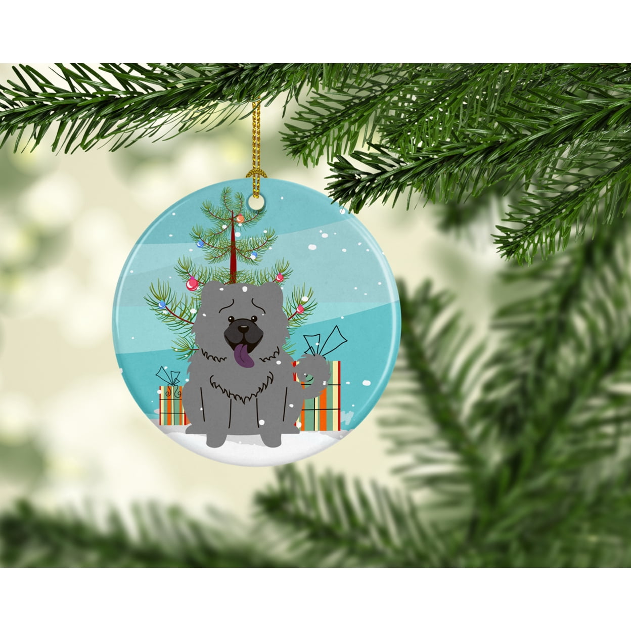 Merry Christmas Tree Chow Chow Blue Ceramic Ornament