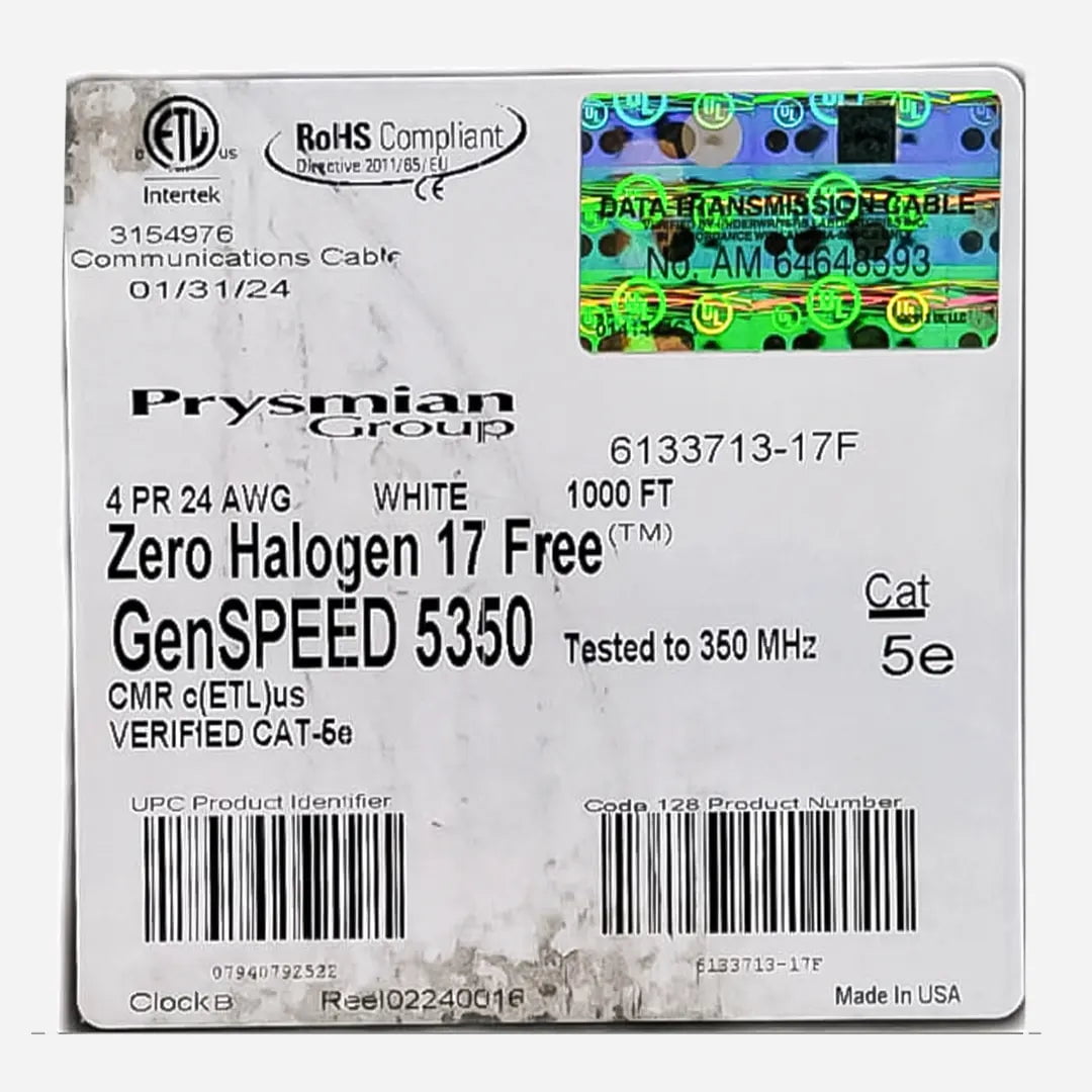 GenSpeed 5350 Cat5e 1000ft Ethernet Cable – 24AWG Solid Copper Riser CMR White (Pull-Pac II)