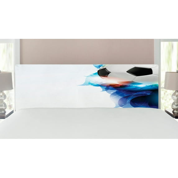 Soccer Headboard, Soccer Ball Surrounded by Art Graphic Vivid Petals Football Game Theme, Upholstered Decorative Metal Bed Headboard with Memory Foam, King Size, Dark Blue White Black, by Ambesonne