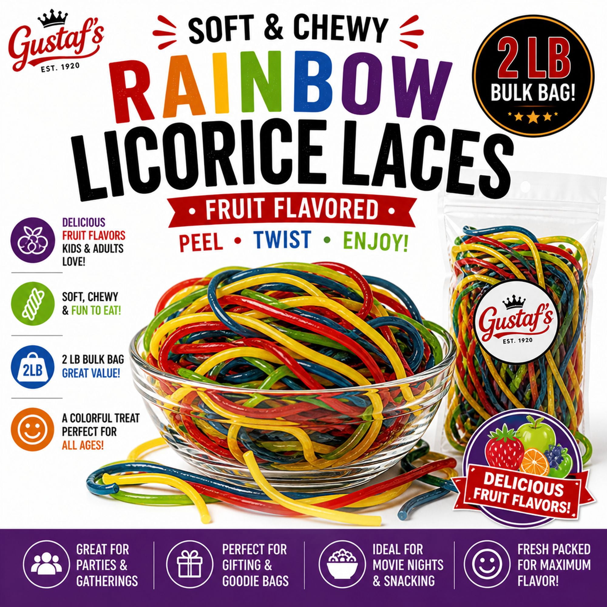 Gustaf's Rainbow Licorice Laces Candy 2 lb Bag Multi-Flavored Strawberry Apple Blue Raspberry Tutti Frutti