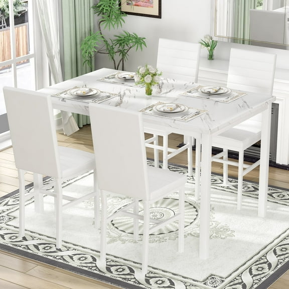 Baxluxe White Dining Table Set for 4, Faux Marble Kitchen Table and Chairs Set, Rectangle Dining Table with 4 PU Leather Backrest Dining Chairs, Modern 5 Pieces Dining Room Set for Small Space, White