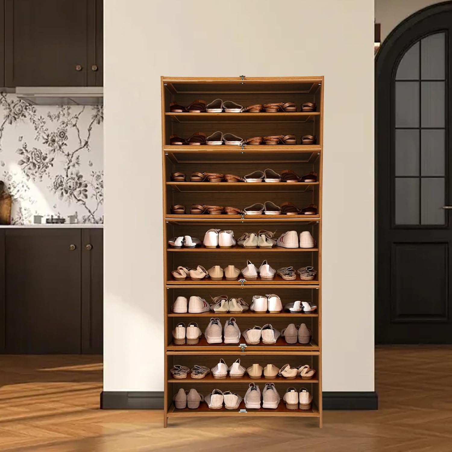 Narrow Shoes Shelf Cabinet - Shoe Storage Cabinet,Free Standing Shoes Shelf Organizer,11-Tier Tall Shoe Shelf,Shoe Rack Organizer,Shoe Cabinet with Doors,for Foyer,Living Room,Corridor