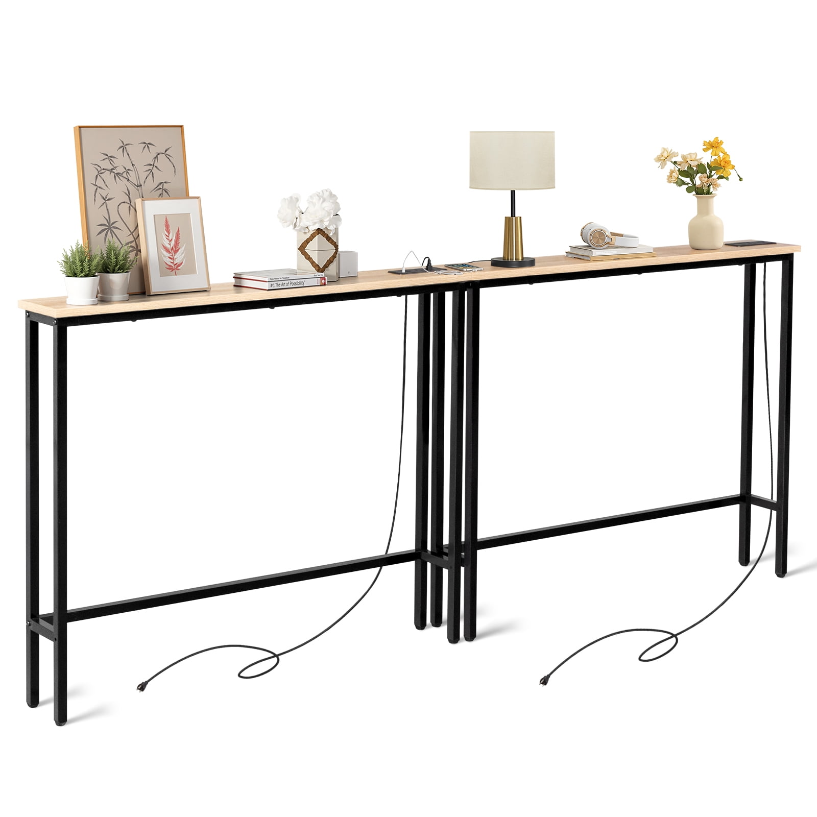 2 Pack 39.4" Narrow Console Sofa Table with Power Outlets and USB Ports, Long Couch Table with Metal Frame and Charge Station with 4.9ft Extension Cord, Oak