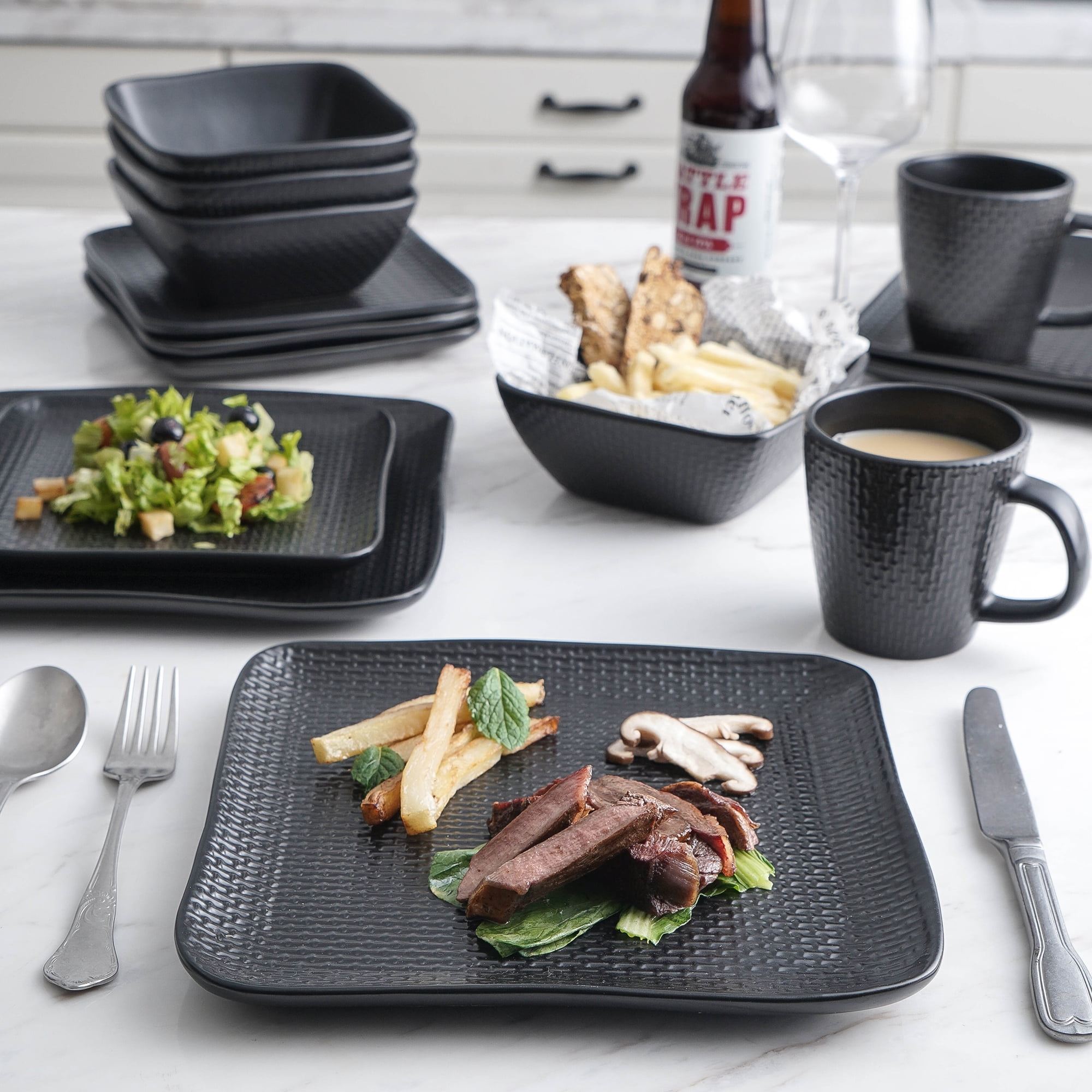 Stone Lain 32 Piece Stoneware Square Weave Dinnerware set, Black - Walmart.com