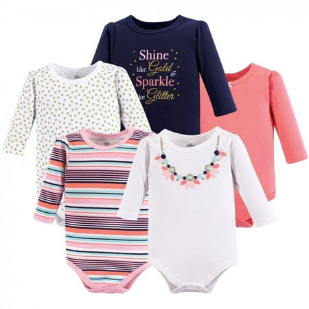 

Little Treasure Baby Girl Cotton Long-Sleeve Bodysuits 5pk Sparkle Necklace 6-9 Months