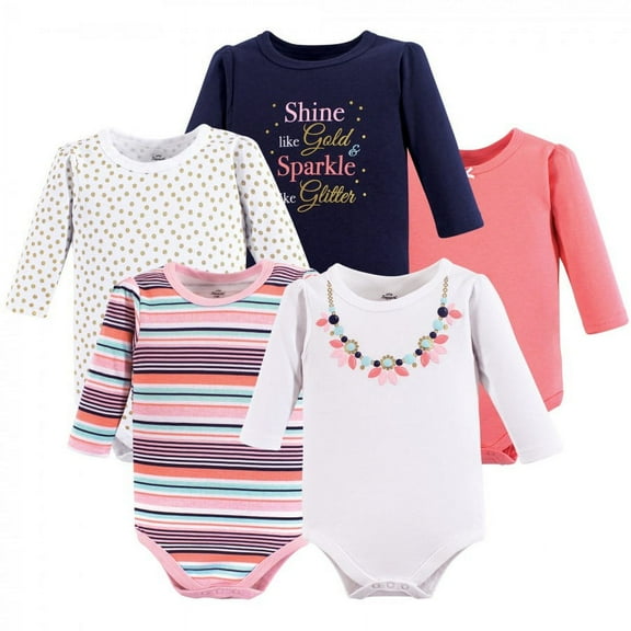 Little Treasure Baby Girl Cotton Long-Sleeve Bodysuits 5pk, Sparkle Necklace, 0-3 Months
