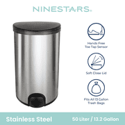Nine Stars Toe Touch Automatic Trash Can, 13.2 Gallon Stainless Steel, Foot Sensor Hands-Free Soft-Close Lid Garbage Bin, Silver