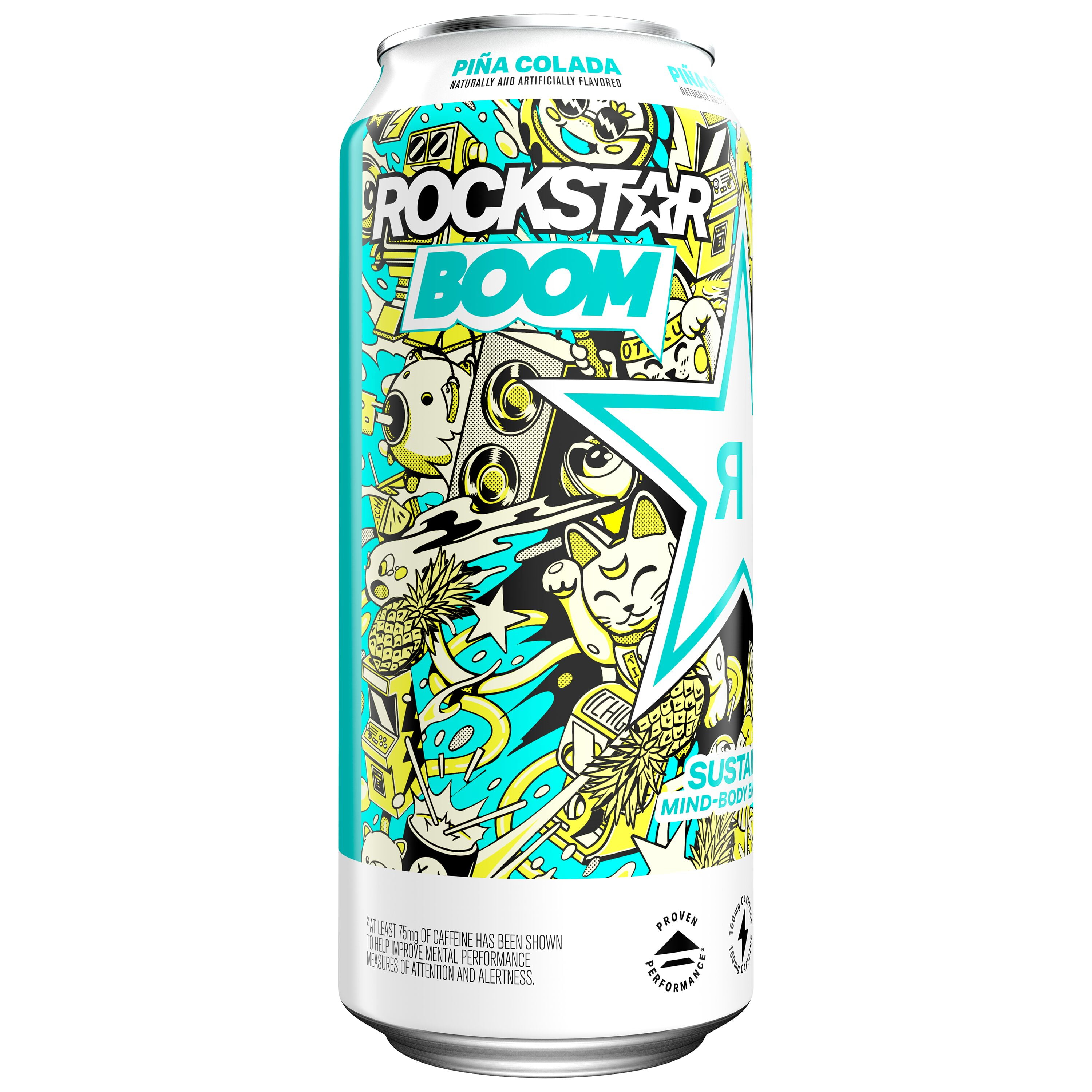 Rockstar Boom Pina Colada Flavor Energy Drink 16 fl oz, 12 Pack Cans
