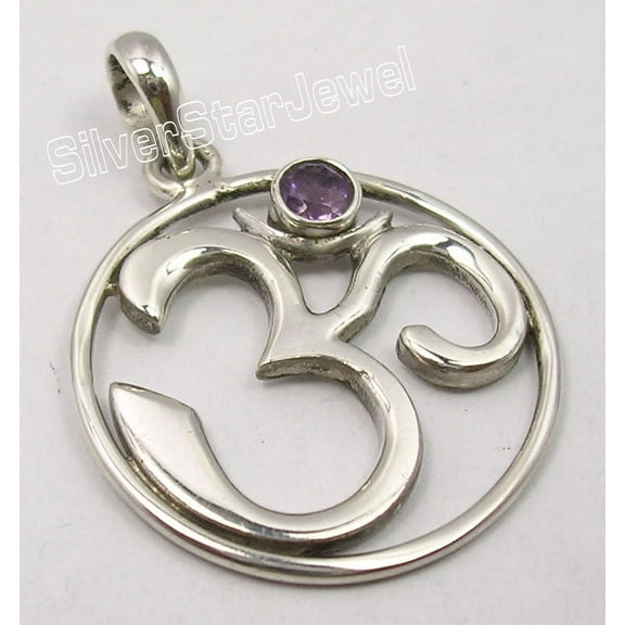 SilverStarJewel 925 Pure Silver Exclusive Amethyst Made In India Ohm Om Pendant 1.4" Well Made