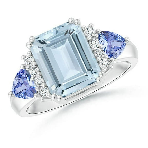 ANGARA Natural Emerald Cut 3 ct Aquamarine Trillion Tanzanite 3 Stone Ring in 14K White Gold for Women (Size-10x8mm) | March Birthstone, Anniversary, Jewelry Gift for Women | Natural Aquamarine Ring