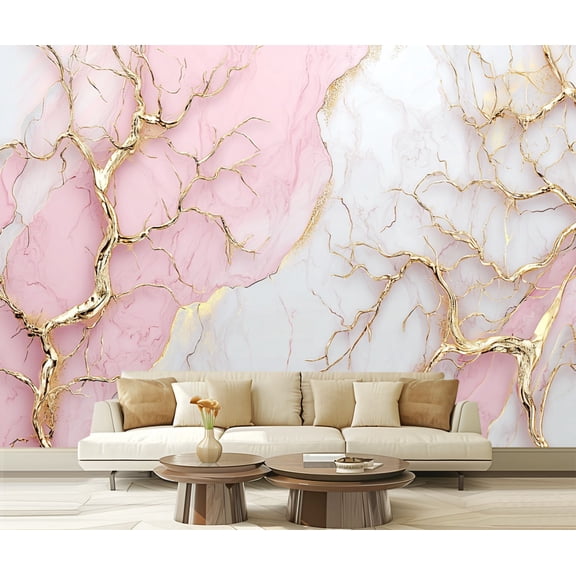 Peel and Stick Wallpaper Elegant Pink White Abstract Art Golden Marble Modern Art Wall Mural Decor Self Adhesive and Removable 100in x 144in