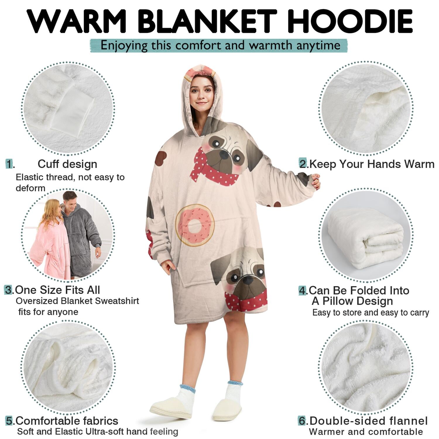 Pug and Donut Wearable Oversized Blanket,Wearable Blanket Hoodie for Adults,Cozy Hooded Blankets with Super Pockets,Super Warm Fuzzy Pullover for Women & Men