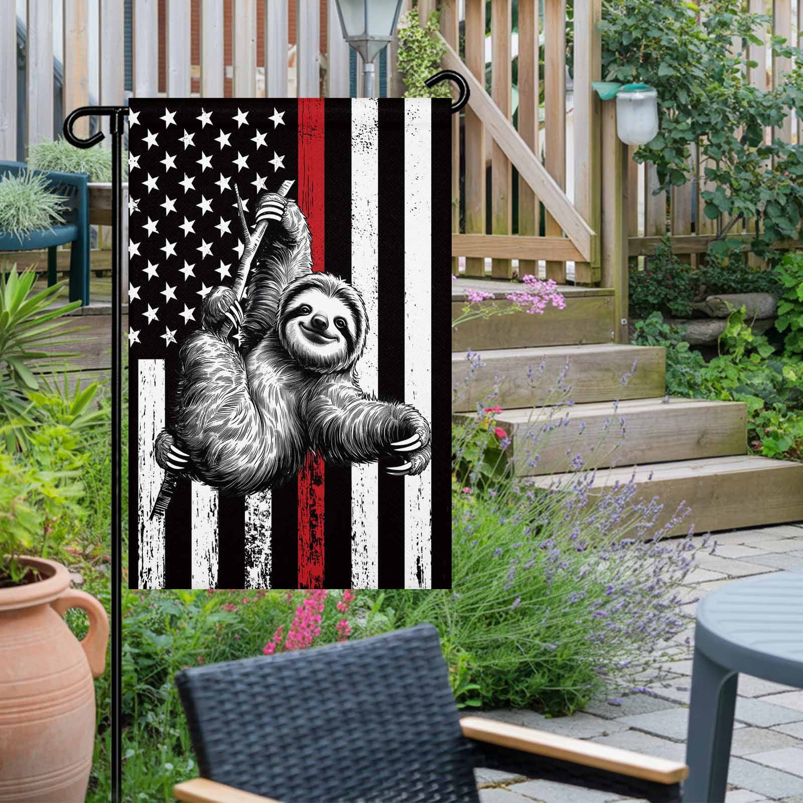 4th of July Garden Flags American Flag Sloth Garden Flag Double Sided Welcome Flag USA Flag Red Stripes Independence Day Yard Flags for Outdoor Lawn Porch Memorial Day Holiday Decor 28x40 Inch
