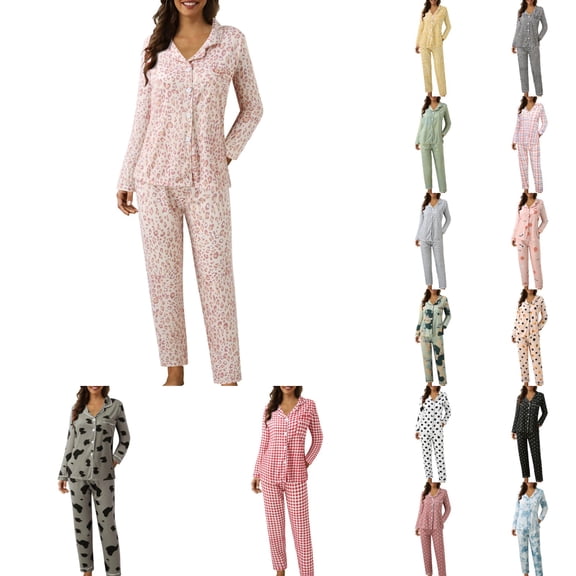 Womens Pajama Sets Casual Lapel Button Leopard Tie Dye Print Two Piece Long Sleeve Suit Pink Lounge Sets for Women L
