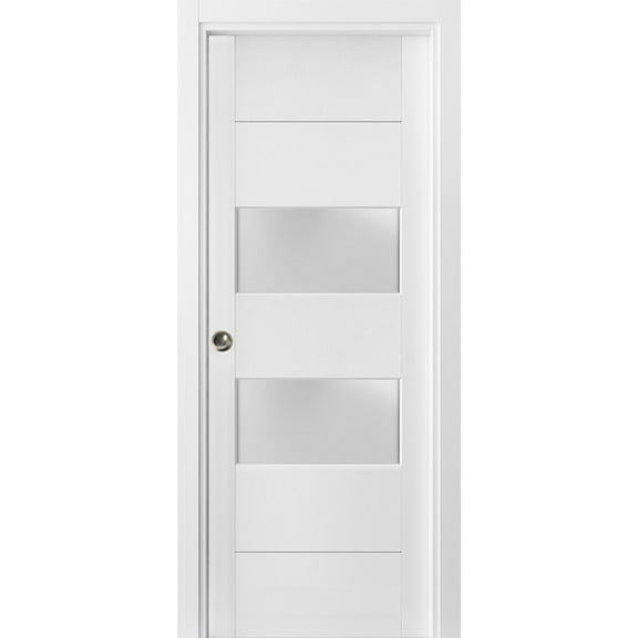 Sliding French Pocket Door 36 x 84 inches with Frosted Glass 2 lites | Lucia 4010 White Silk | Kit Trims Rail Hardware | Solid Wood Interior Bedroom Sturdy Doors
