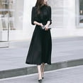 thumbnail image 2 of Aayomet Casual Dresses for Women 2023 Women Casual Solid V Neck Dress Long Sleeve Beam Waist Big Swing Pleated Dress,Black S, 2 of 2