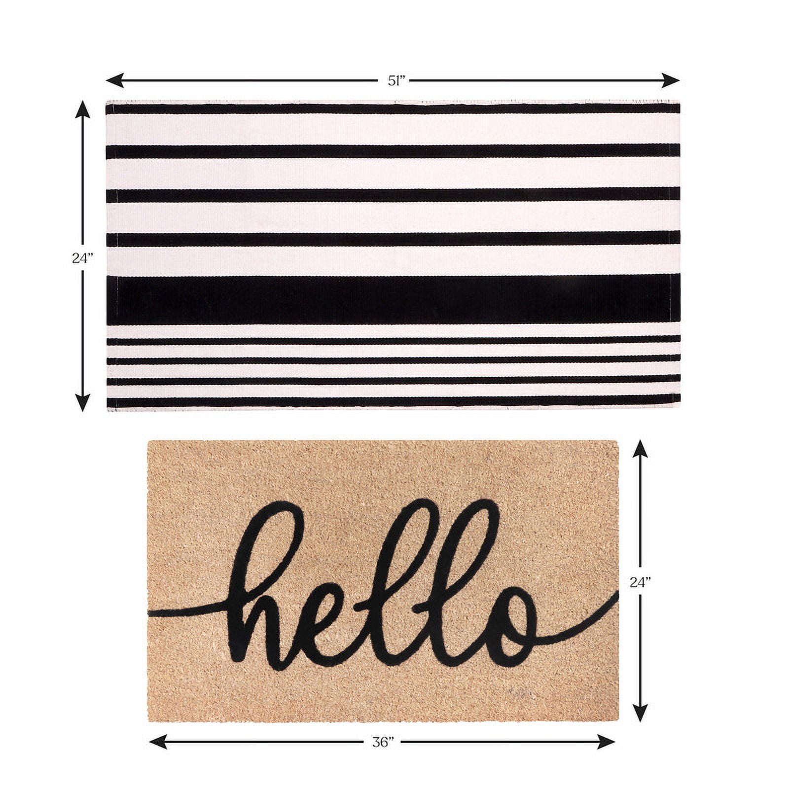 A1HC Coir Welcome Mat and Black & White Striped Cotton Rug Combo Set, 24"x36" & 24"x51", Hand-Woven Washable Entryway Décor