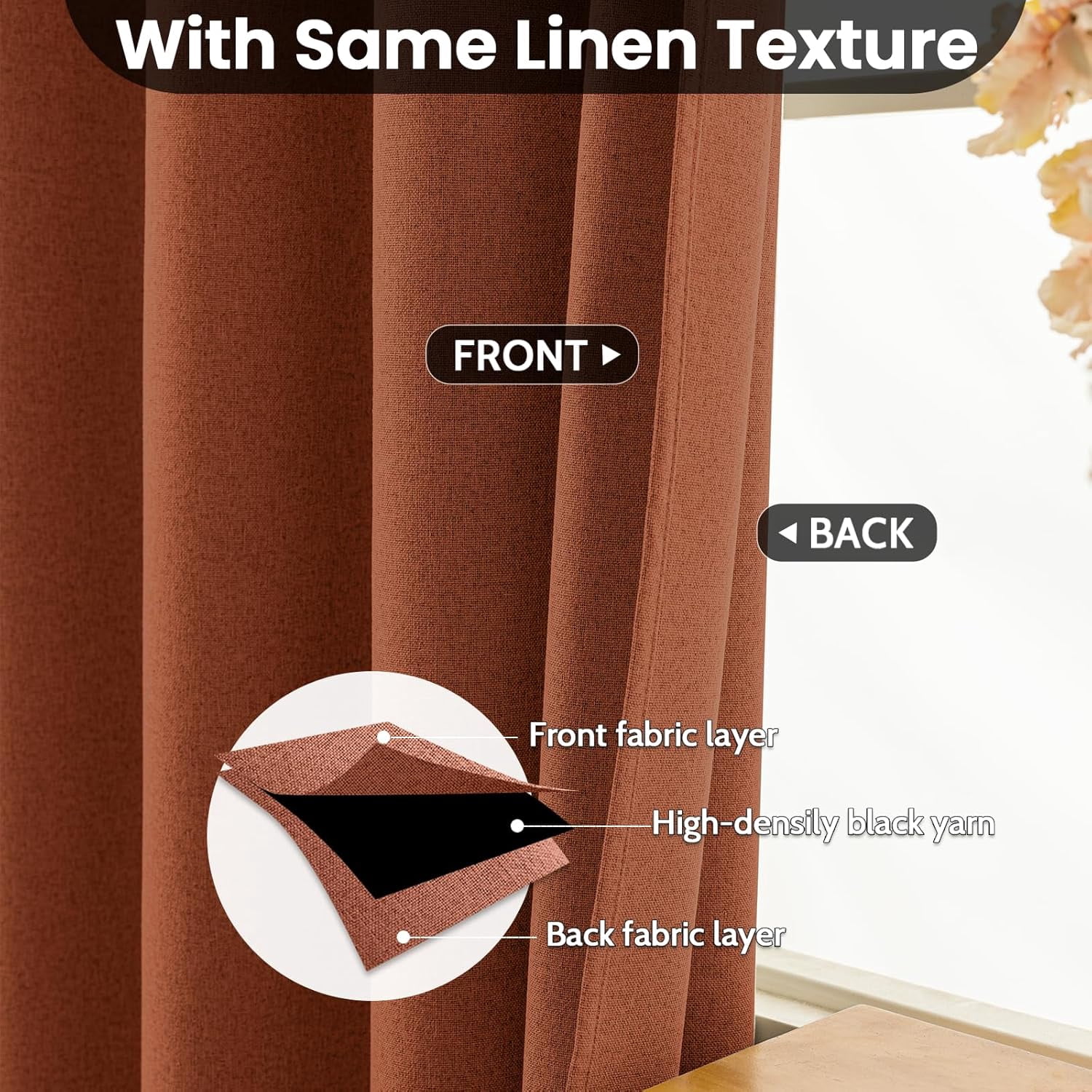 100% Blackout Burnt Orange Linen Curtains & Drapes 84 Inch Length 2 Panels Set, Full Room Darkening Grommet Insulated Thermal Window Panels for Bedroom/Living Room,52x84 inches