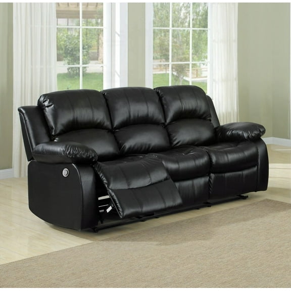Modern Black Leather Double Reclining Sofa 83" for Living Room - Solid Wood Frame