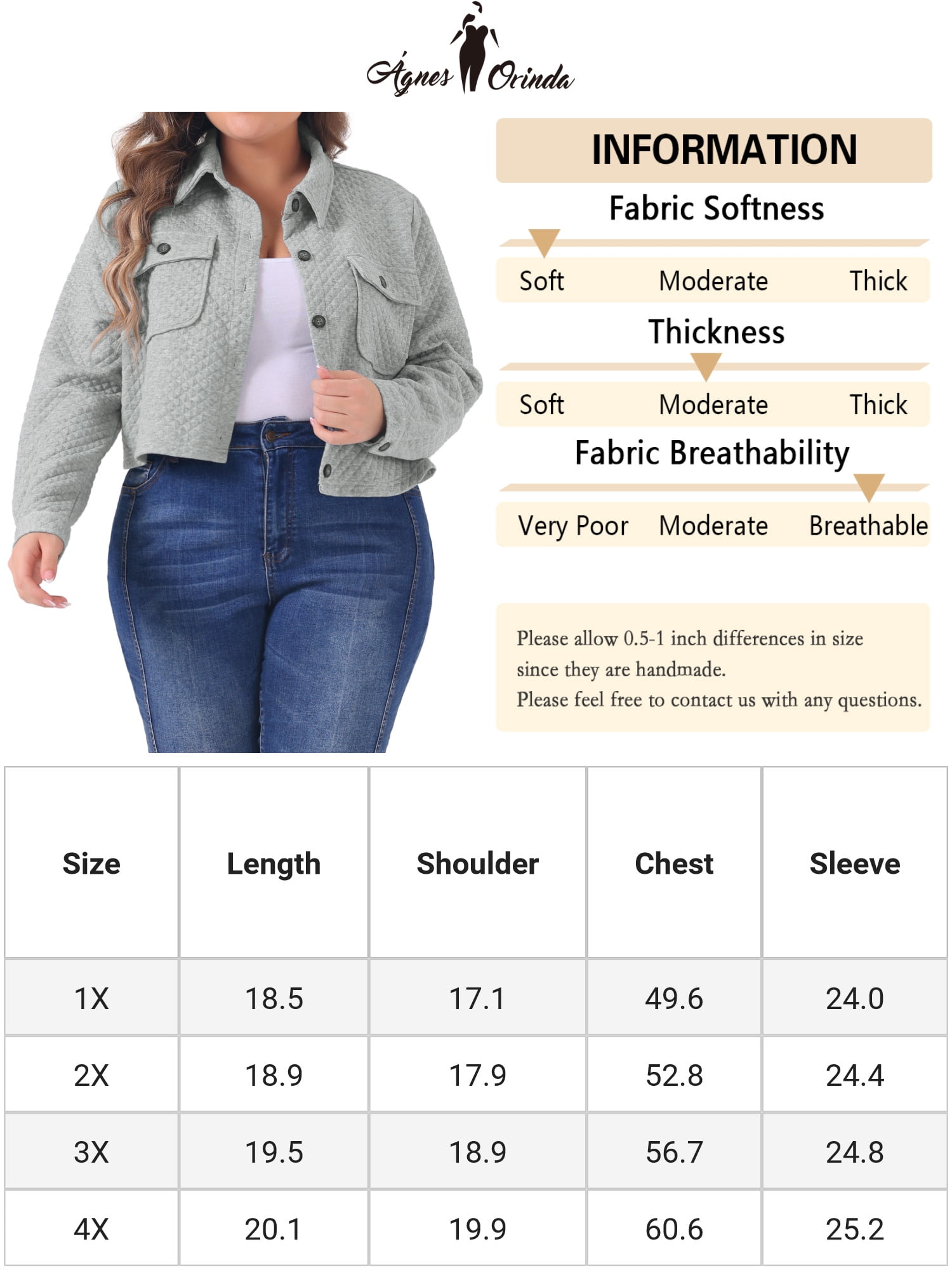 DARING DIVA Plus Size Long Sleeve Cropped Shirt Jacket 3X Gray