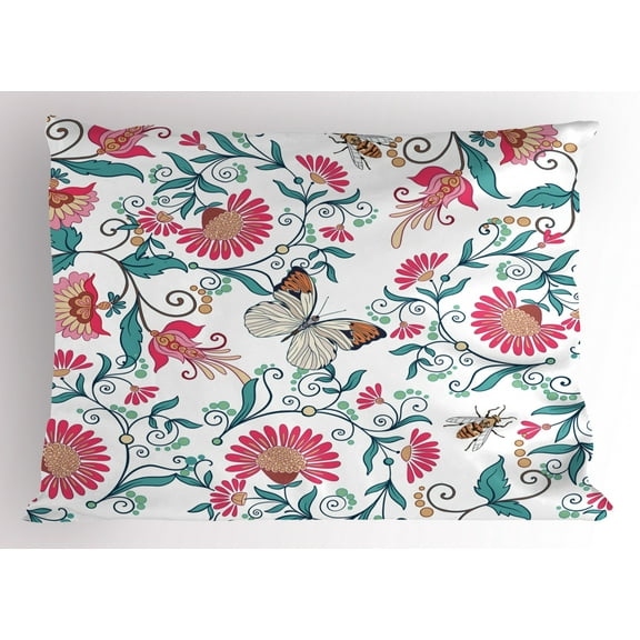 Bee Pillow Sham Vintage Floral Style Pattern with Insects and Butterflies Figures in Wildlife Nature, Decorative Standard Size Printed Pillowcase, 26 X 20 Inches, Multicolor, by Ambesonne