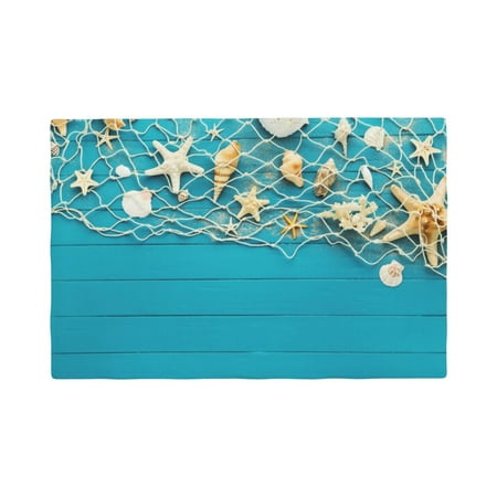 

Placemats Set of 4 Seashells And Fishing Net On Blue Wooden Table Heat Resistant Non - Slip Place mats Waterproof table mat for Kitchen Dining-6片装
