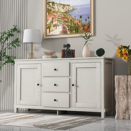 CoSoTower Retro Solid Wood Buffet Cabinet with 2 Storage Cabinets, Adjustable Shelves and 3 Drawers for Living Room, Antique White
