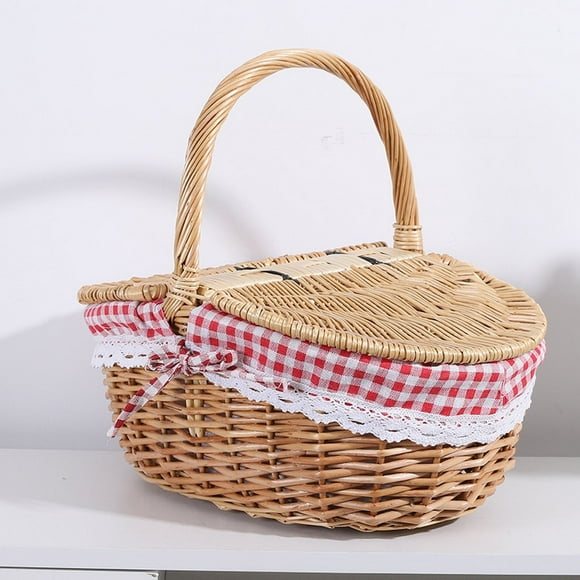 Outdoor Portable Picnic Basket, Wicker Picnic Basket with Liner Wooden Split Lid Picnic Basket Vintage, 9.75*9.36*7.02In, 1 Picnic Basket, Meiiso