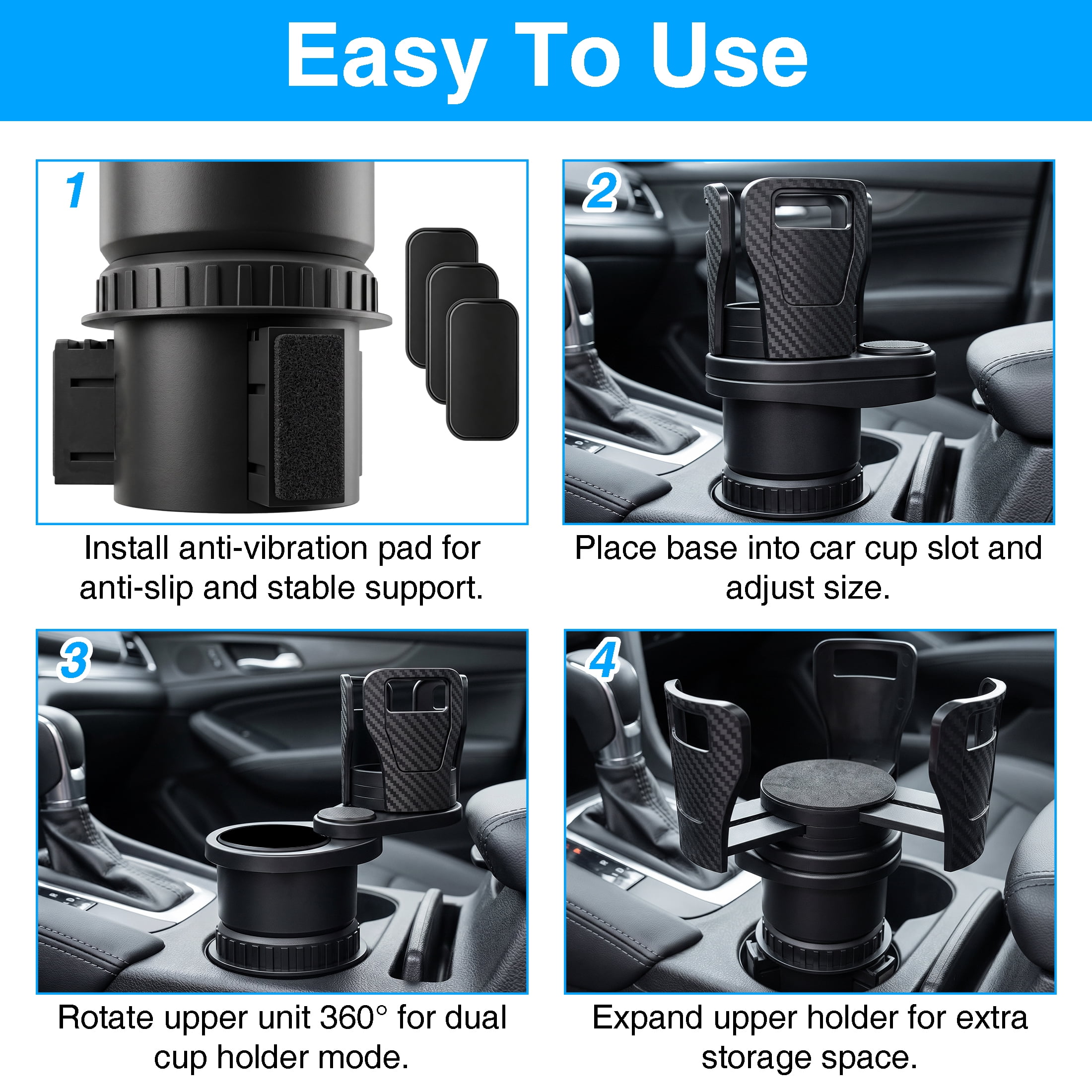 GARITIN 2 in 1 Car Cup Holder Expander, 360° Rotating Dual Car Cup Holder Extender, Adjustable Anti‑Slip Car Drink Holder for Large Water