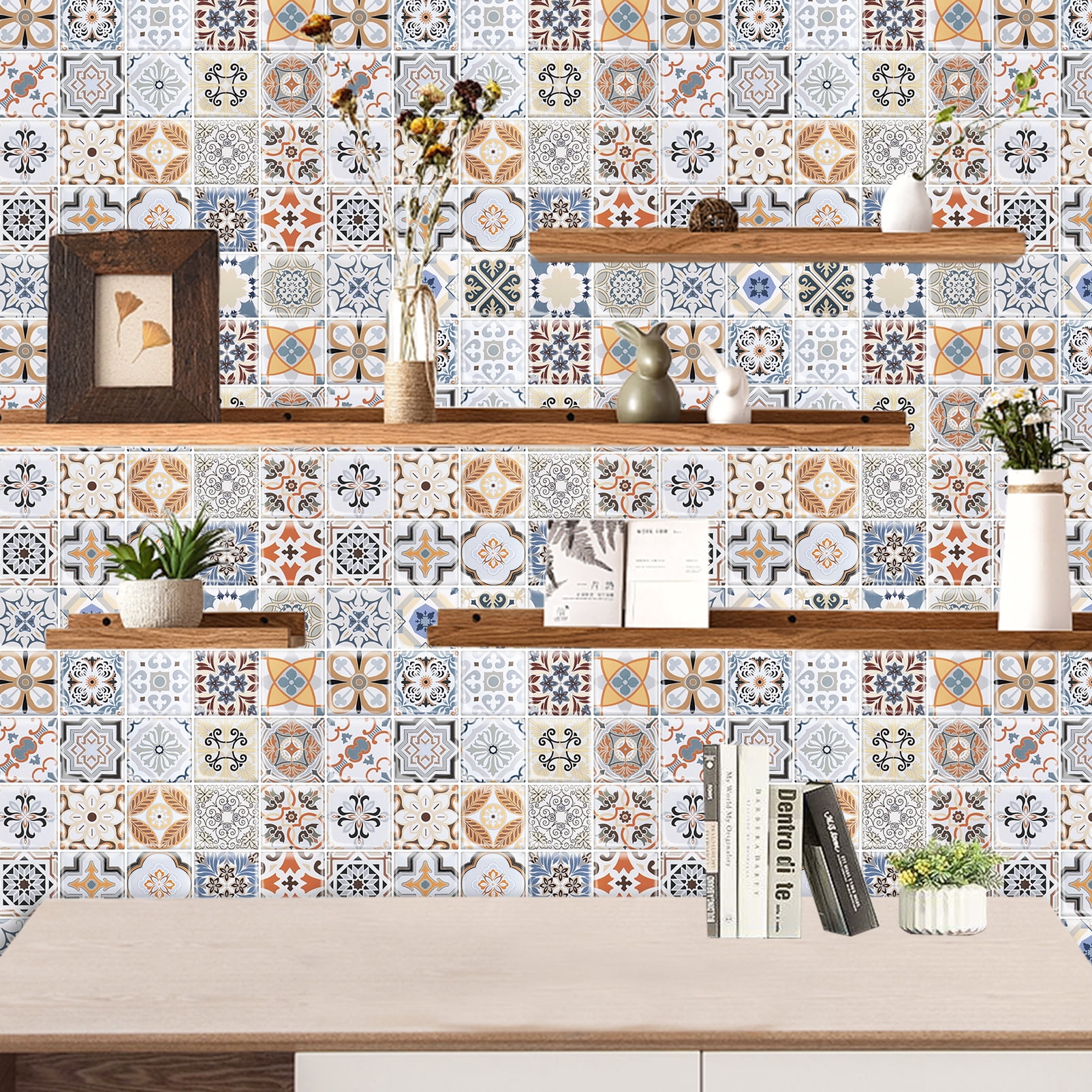 DEWOO 10PCS Mandala Tile Stickers, Peel and Stick Self Adhesive Removable Moroccan Tiles Backsplash Waterproof Oil Proof for Bathroom & Kitchen Wall Stickers Home Decor
