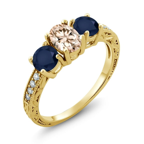 Gem Stone King 1.97 Ct Oval Peach Morganite Blue Sapphire 18K Yellow Gold Plated Silver Moissanite Ring (Size 7)