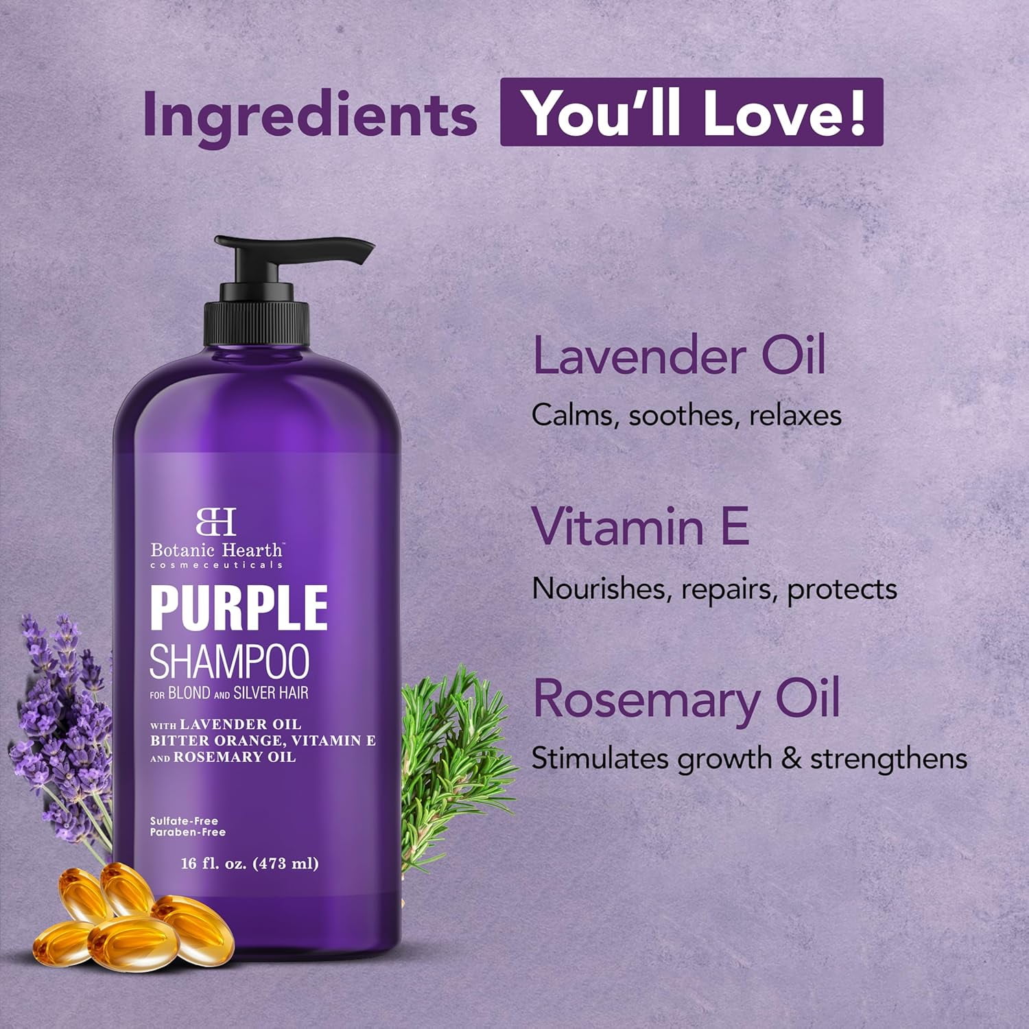 Botanic Hearth Purple Shampoo - for All Shades of Blonde, Silver and Gray Hair - With Lavender Oil, Vitamin E, & Rosemary Oil - Enhances Highlights - Sulfate Free, Paraben Free, 16 fl oz