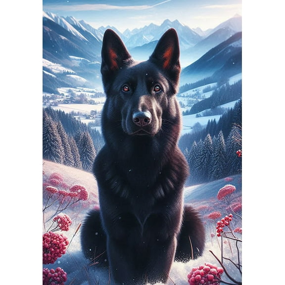 German Shepherd Black - Best of Breed DCR Winter Berries Garden Flag 12" x 17"