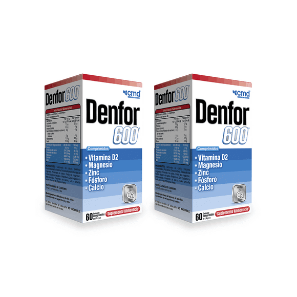 DENFOR 600 Vitamina D2, magnesio, Zinc y Fósforo | cmd | Duo pack con 2 Cajas con frascos de 60 Comprimidos c/u.