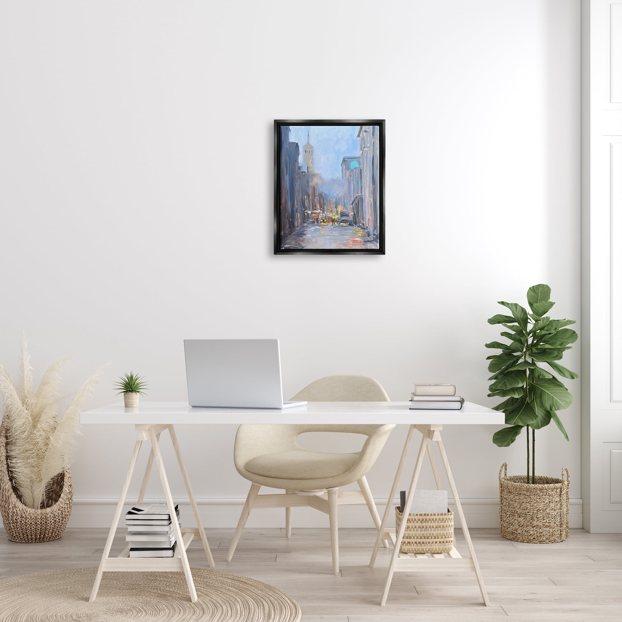 Stupell Industries Abstract Rainy City Reflections Tall Urban Buildings Painting Jet Black Floating Framed Canvas Print Wall Art, Design by Allayn Stevens