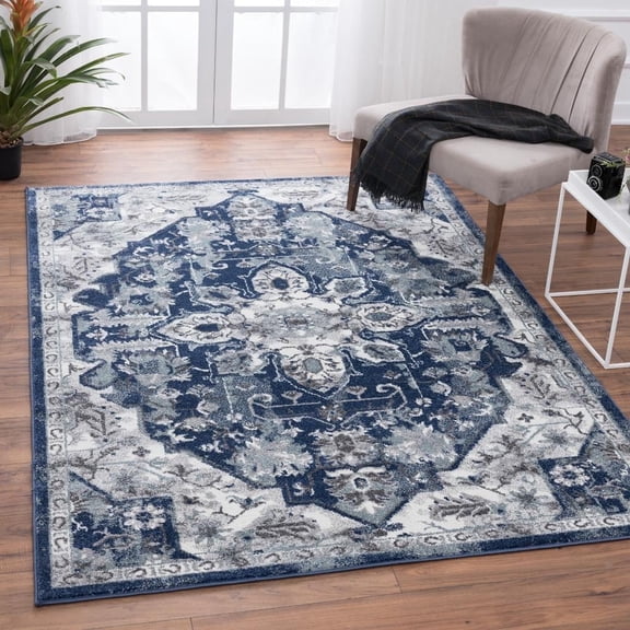 Luxe Weavers Floral Medallion Boho Dark Blue 8x10 Area Rug, Living Room Carpet