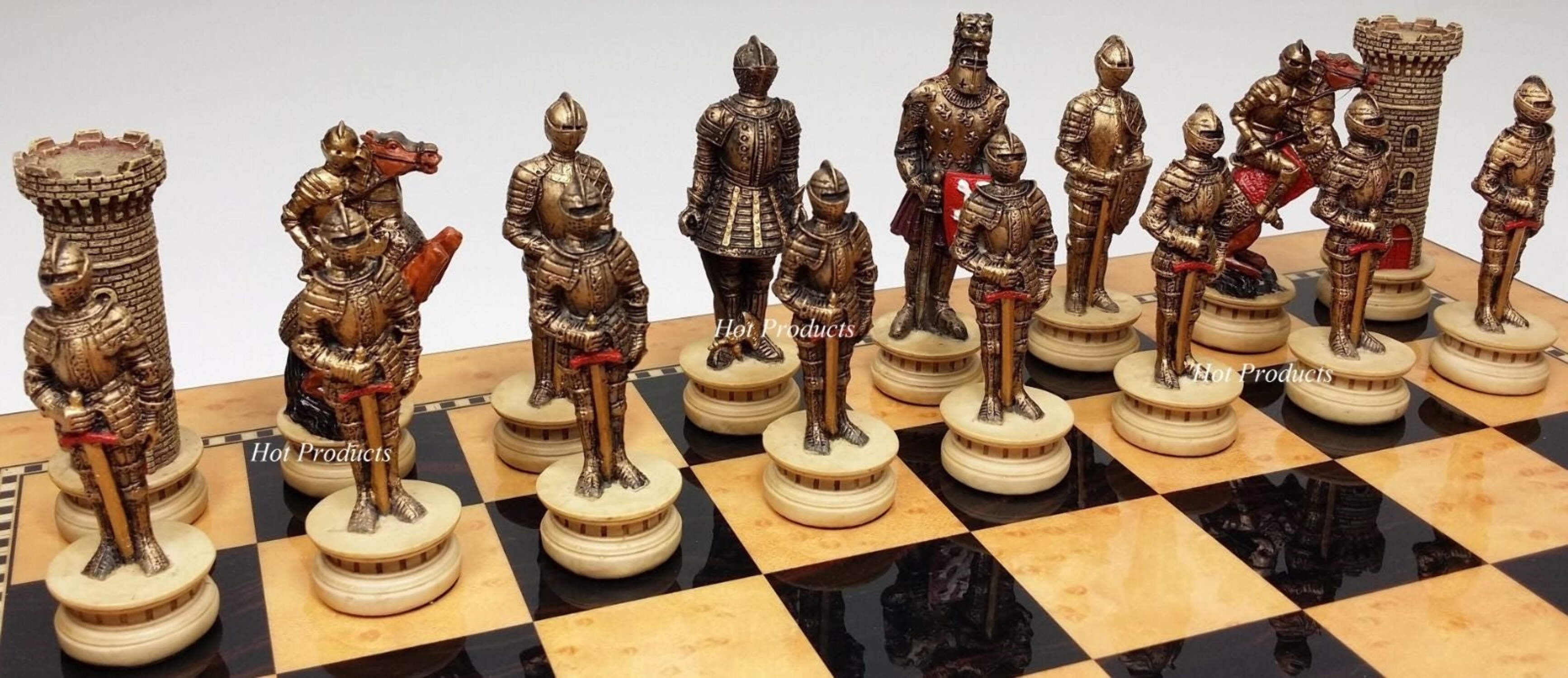Medieval Times Crusades Warrior Knight Chess Set 15" Walnut  Maple Color Board