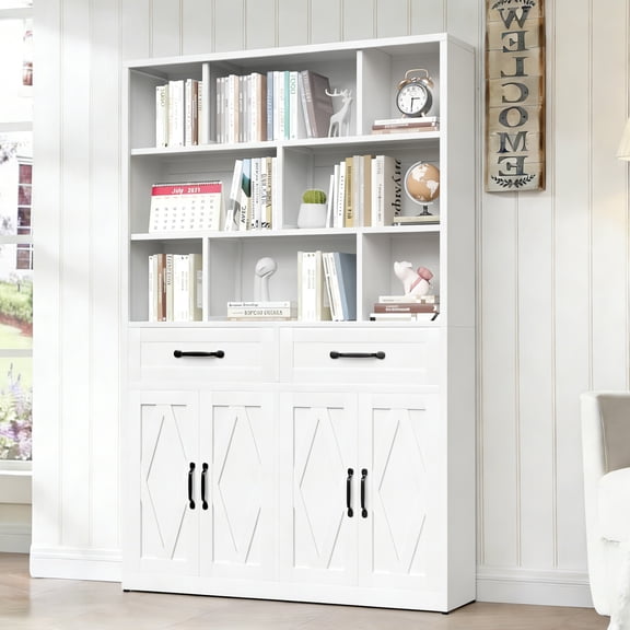 71" H Metal Tall Storage Cabinet Bookcase with 2 Doors 2 Drawers Fixed Open Shelves for Home Office, Living Room, White