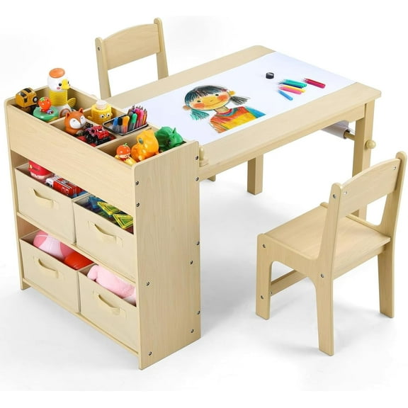 LAZY BUDDY Kids Art Table and 2 Chairs Set, Toddler Craft Drawing Desk Multi-Functional Wooden Activity Table with Storage Bins and Paper Roll