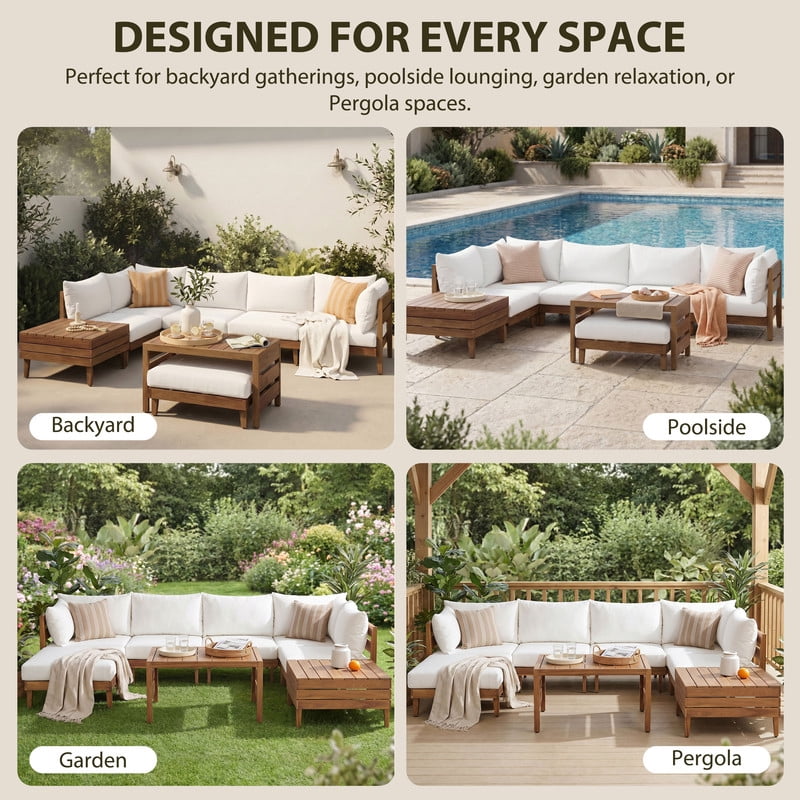 8-Piece Solid Acacia Wood Outdoor Sofa Sectional Set for 6, Patio Modular Chat Set with Coffee Table, Storage Tea Table & Cushions
