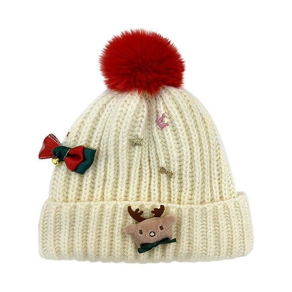 LIZENG Clearance Women’s Christmas Reindeer Knitted Hat Cozy Woolen Winter Beanie with Pom-Pom and Festive Bow Decorations Soft Polyester Warm Holiday Knit Cap for Outdoor Parties and Cold Weather